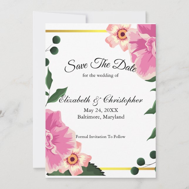 Rosa grön blomster guldbordskant bröllop spara datumet (Framsida)