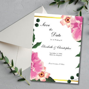 Rosa grön blomster guldbordskant bröllop spara datumet