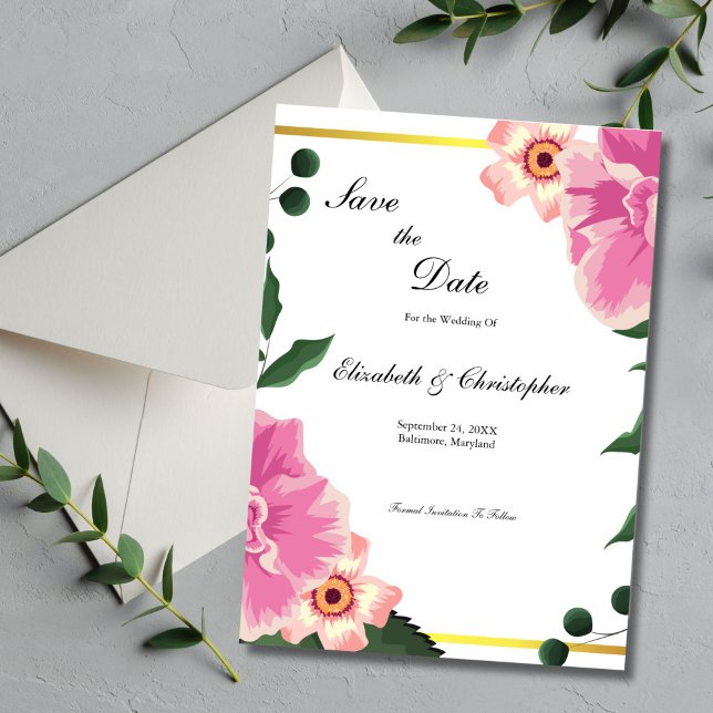 Rosa grön blomster guldbordskant bröllop spara datumet (Pink green floral wedding save the date card. Elegant and formal.)