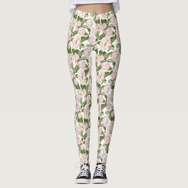  Rosa grön blomster  Leggings (Framsida)