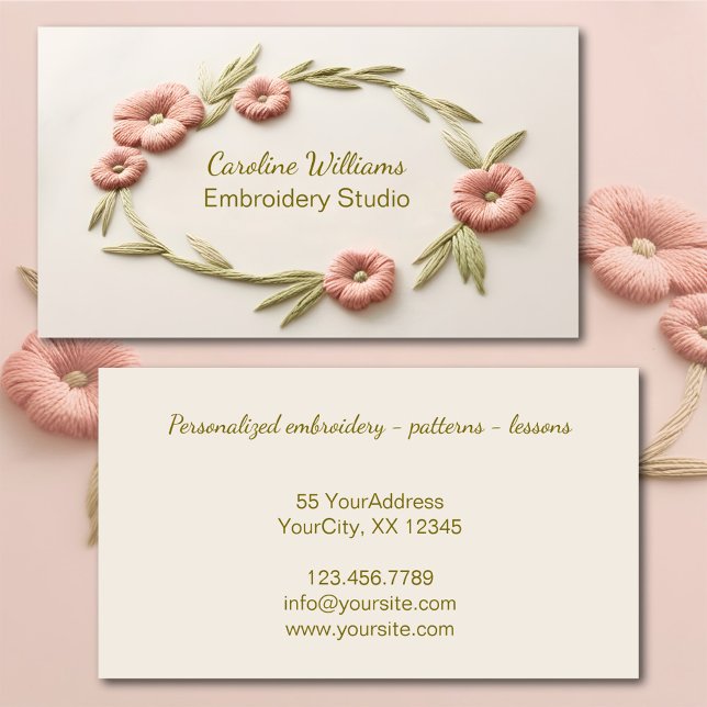 Rosa grön blomsterbroderi visitkort (Business card embroidered wreath)