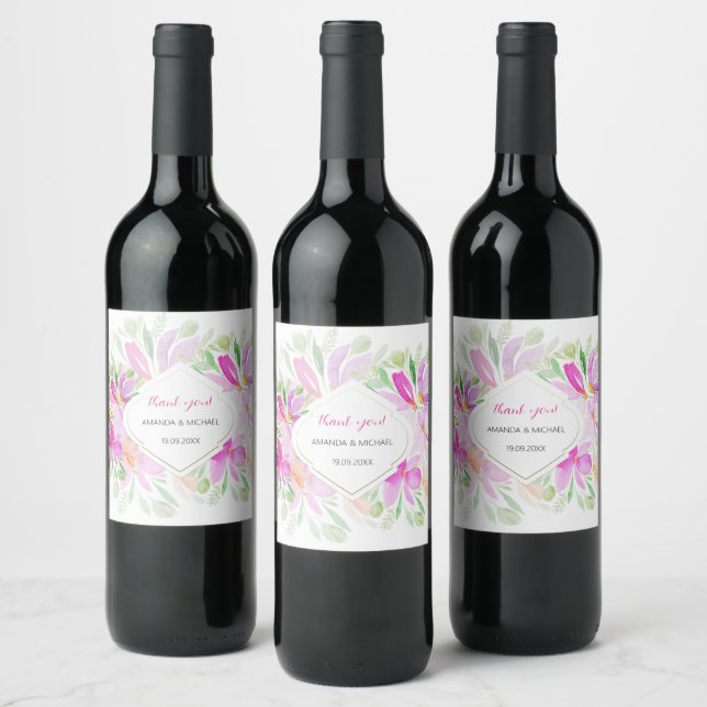 Rosa Grön Bohemsk Blommig Vinflaska Etikett (Flaskor)