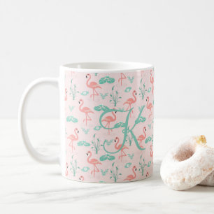 Rosa Grön Flamingo Monogram Tropiska Fåglar Kaffemugg