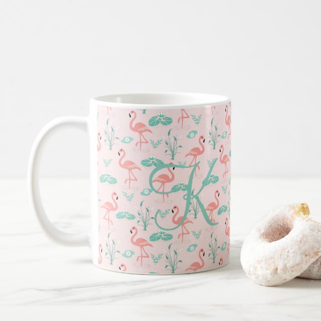 Rosa Grön Flamingo Monogram Tropiska Fåglar Kaffemugg (Med munk)