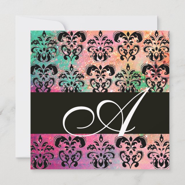 Rosa grön FUCHSIA SVART  DAMASK MONOGRAM, vit Inbjudningar (Framsida)