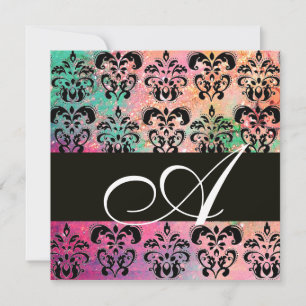 Rosa grön FUCHSIA SVART DAMASK MONOGRAM, vit Inbjudningar