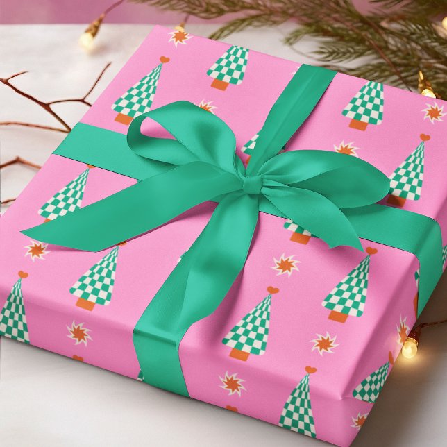 Rosa grön Gingham julgran Retro mönster Presentpapper (Skapare uppladdad)