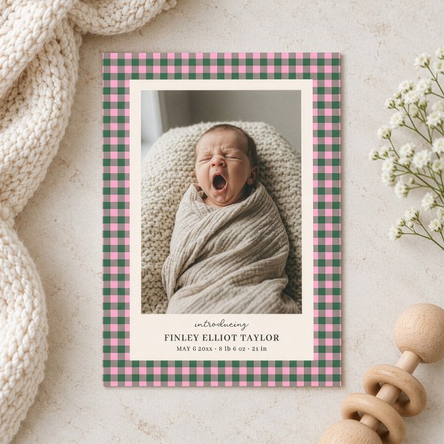 Rosa grön Gingham Två Foto Ny Bebis Födelse Meddelande (Skapare uppladdad)
