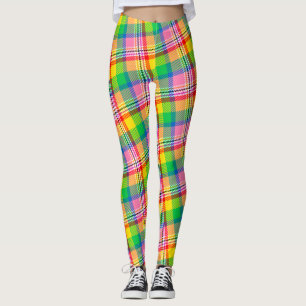 Rosa Grön Gul Madras-rutig Design Leggings
