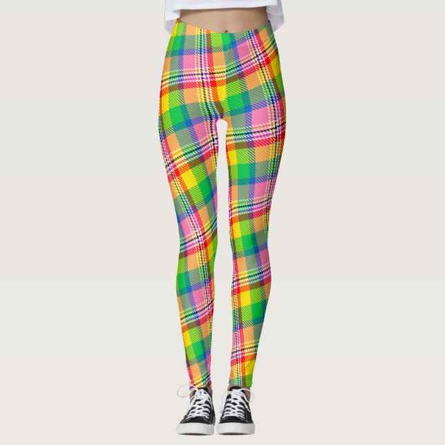 Rosa Grön Gul Madras-rutig Design  Leggings (Framsida)