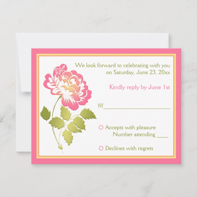 Rosa, Grön, Gul, Vit Pion Blommig RSVP-kort Inbjudningar (Framsida)