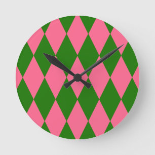 Rosa grön Harlekinrutig design Rund Klocka