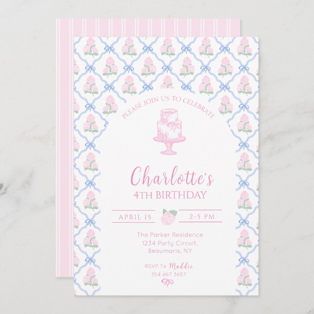 Rosa Grön Hortensia Blå Band Trädgallerd Inbjudningar (Fram/baksida)