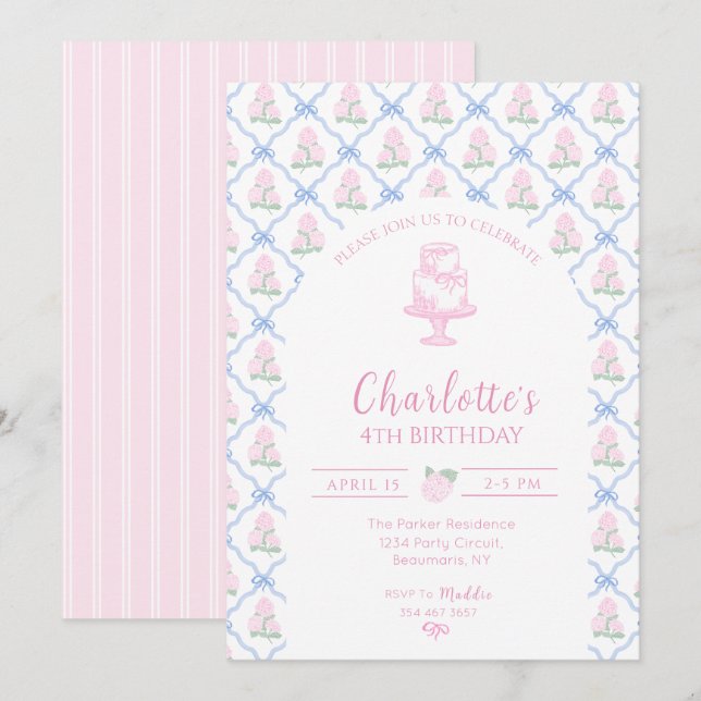 Rosa Grön Hortensia Blå Band Trädgallerverk Inbjudningar (Fram/baksida)