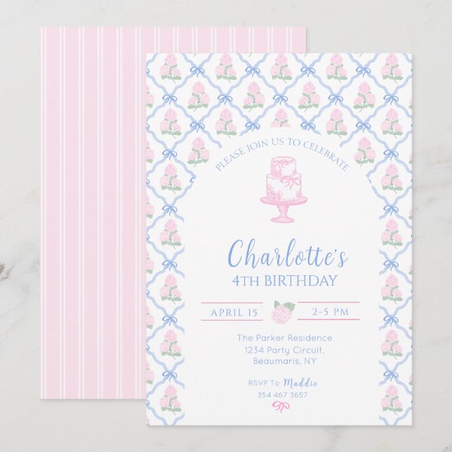 Rosa Grön Hortensia Blå Band Trädgallret Inbjudningar (Fram/baksida)