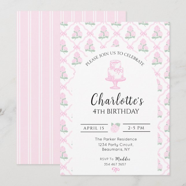 Rosa & Grön Hydrangea spaljé med slingor Inbjudningar (Fram/baksida)