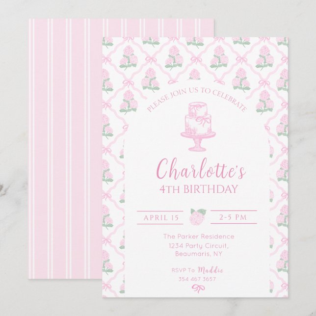 Rosa & Grön Hydrangea spaljé med slingor Inbjudningar (Fram/baksida)