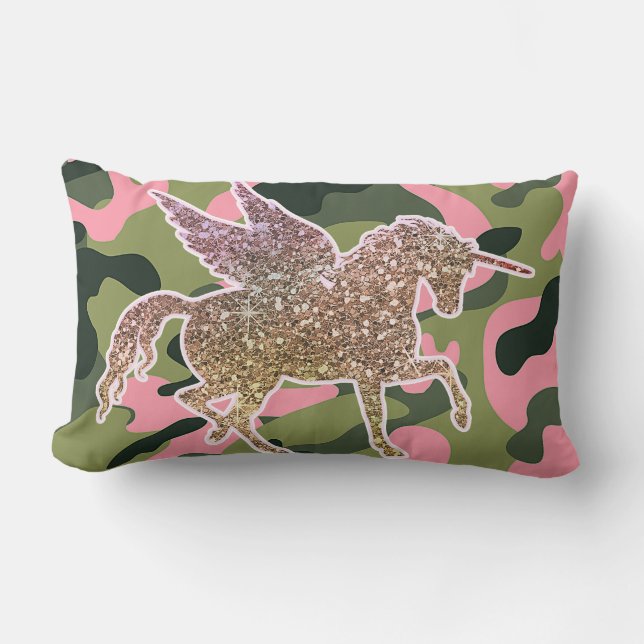 Rosa Grön Kamouflage & Guld Glitter Enhörning Lumbarkudde (Framsida)