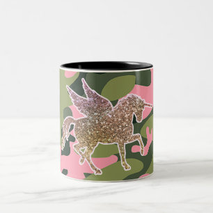 Rosa Grön Kamouflage & Guld Glitter Enhörning Två-Tonad Mugg