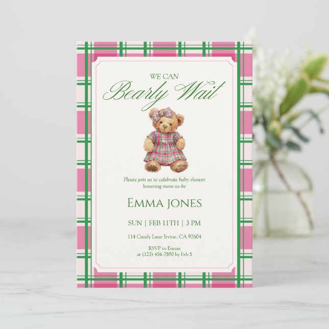 Rosa grön karoad Vi kan knappt vänta baby shower Inbjudningar (Stående Fram)