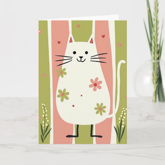 Rosa Grön Katt Födelsedagskort Kort (Framsida)