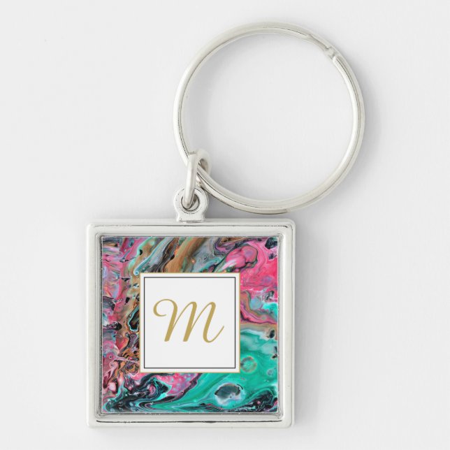 Rosa & Grön marmorerad monogram Fyrkantig Silverfärgad Nyckelring (Framsidan)