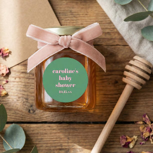 Rosa Grön Modern Rolig Anpassad Baby Shower Runt Klistermärke