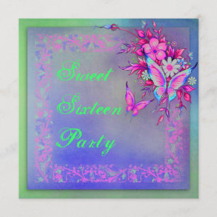 Rosa grön neon grunge fjäril Sweet 16 födelsedag Inbjudningar