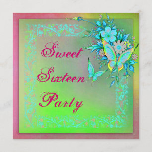 Rosa grön neon grunge fjäril Sweet 16 födelsedag Inbjudningar