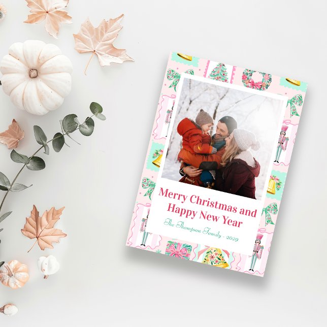 Rosa & Grön Nötknäppare Anpassad Julfoto  Helg Vykort (Pink & Green Nutcracker Custom Christmas Photo Holiday Postcard)