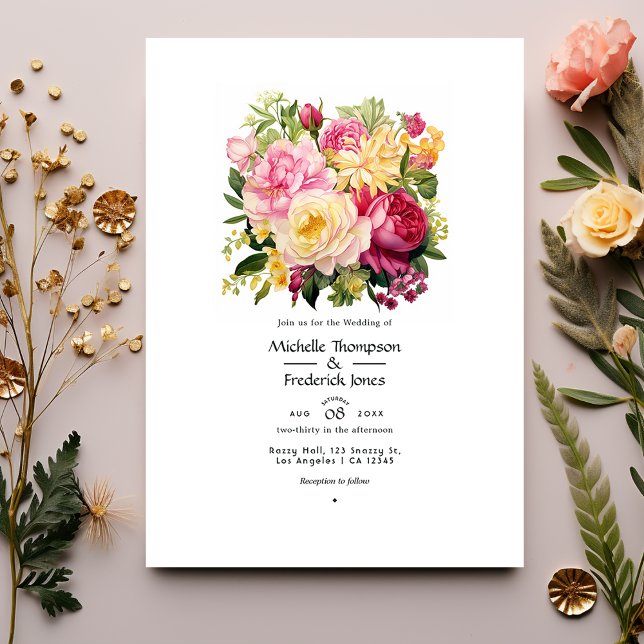 Rosa, grön och guld blomster vårbröllop inbjudningar (Skapare uppladdad)