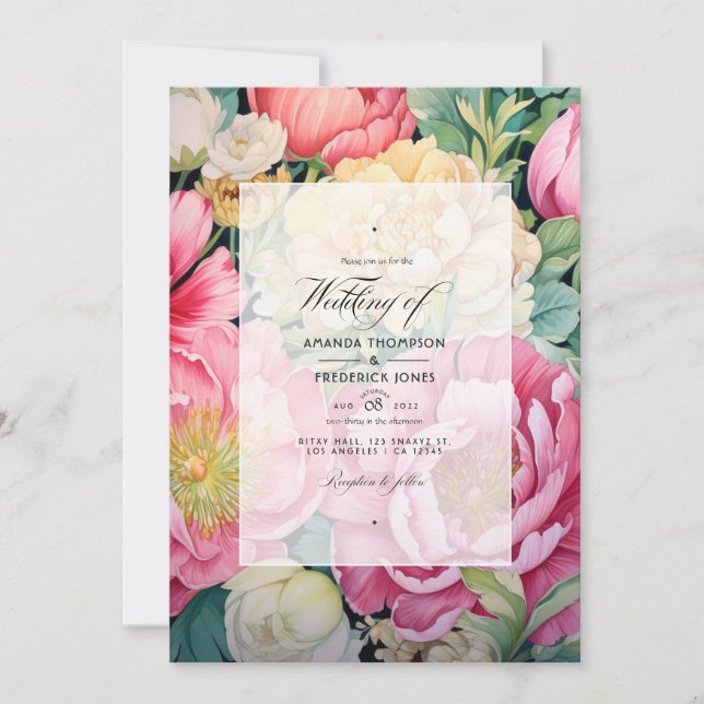 Rosa, grön och guld blomster vårbröllop inbjudningar (Framsida)