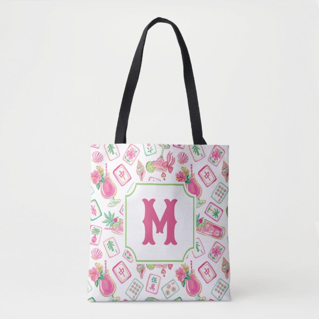 Rosa & Grön Palm Beach Mahjong & Mixers Monogram Tygkasse (Framsida)