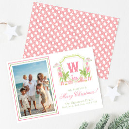 Rosa & Grön Palm Beach Nötknäckarmonogram Krön Julkort