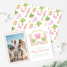 Rosa & Grön Palm Beach Nötknäckarmonogram Krön Julkort