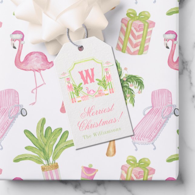 Rosa & Grön Palm Beach Nötknäckarmonogram Krön Presentetikett (Skapare uppladdad)