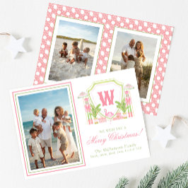 Rosa & Grön Palm Beach Nötknäpparmonogram Krön Julkort