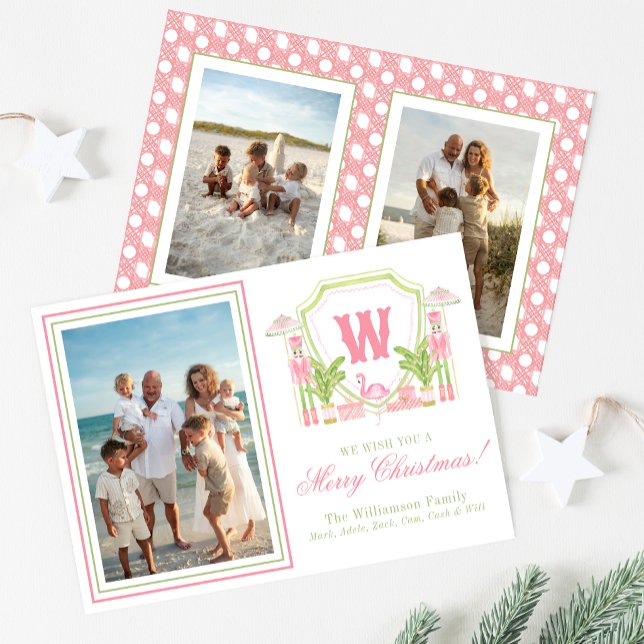 Rosa & Grön Palm Beach Nötknäpparmonogram Krön Julkort (Skapare uppladdad)