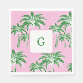 Rosa Grön Palmträd Preppy Sommar Strand Monogram Pappersservett