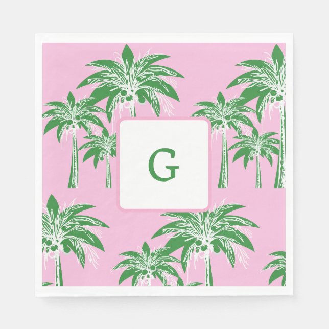 Rosa Grön Palmträd Preppy Sommar Strand Monogram Pappersservett (Framsidan)