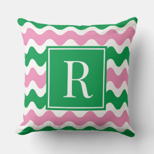 Rosa & Grön Preppy Ric Rac Randig Monogram Kudde
