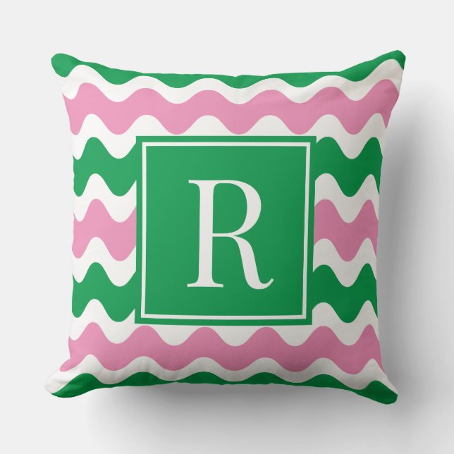 Rosa & Grön Preppy Ric Rac Randig Monogram Kudde (Framsida)