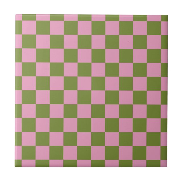 Rosa grön rutig gingham-mönster kakelplatta (Framsidan)