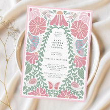 Rosa grön Trädgård Baby Shower Inbjudan 