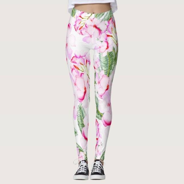 Rosa Grön Tropisk Botanisk Oas Blad Blommig Leggings (Framsida)