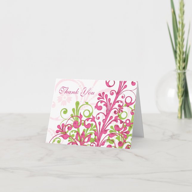Rosa Grön Vit Blommig Bröllop Tacksamhetskort Tack Kort (Framsida)
