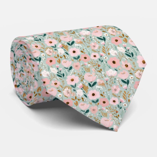 Rosa gröna akvarell blommande bröllop groomsmän  slips (Rullad)