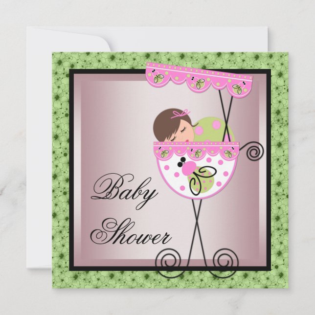 Rosa Gröna Baby Girl Shower Inbjudningar (Framsida)
