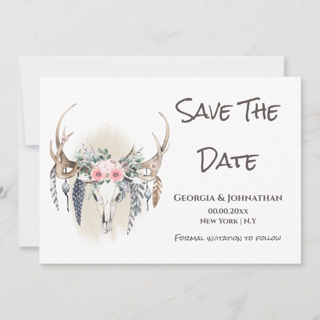 Rosa gröna hjorthorn boho drömmfångare tribal spara datumet (Framsida)