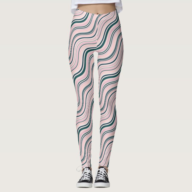 Rosa gröna och gula vågiga linjer leggings (Framsida)